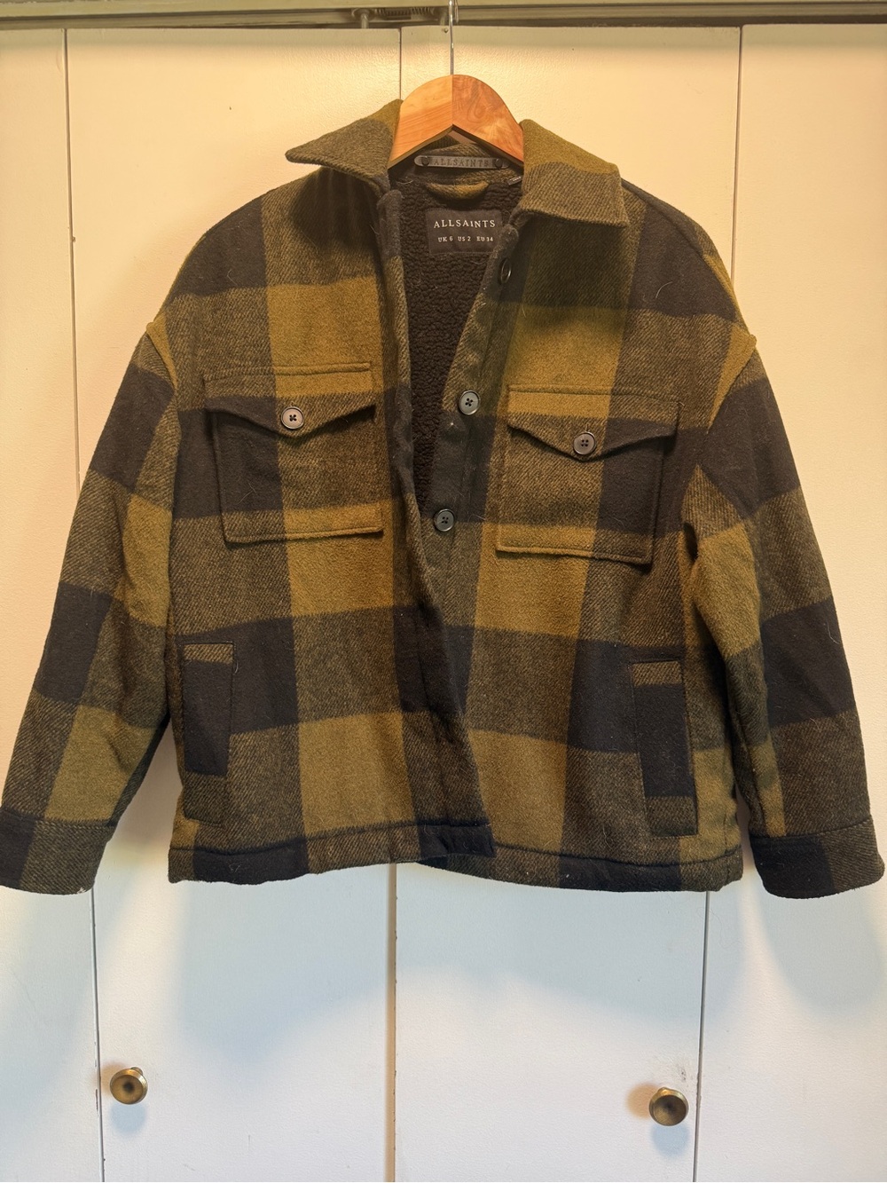 All Saints Olive and Black Plaid Teddy Jacket